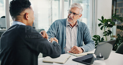 Buy stock photo Handshake, senior man or financial advisor talking with laptop, retirement fund or pension agreement. Elderly client, help or people shaking hands in meeting planning for future, budget or consulting