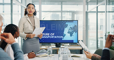 Buy stock photo Woman, presentation and screen with documents at meeting for future transport infrastructure at office. Person, speaker and staff in boardroom with problem solving for eco friendly vehicle at agency