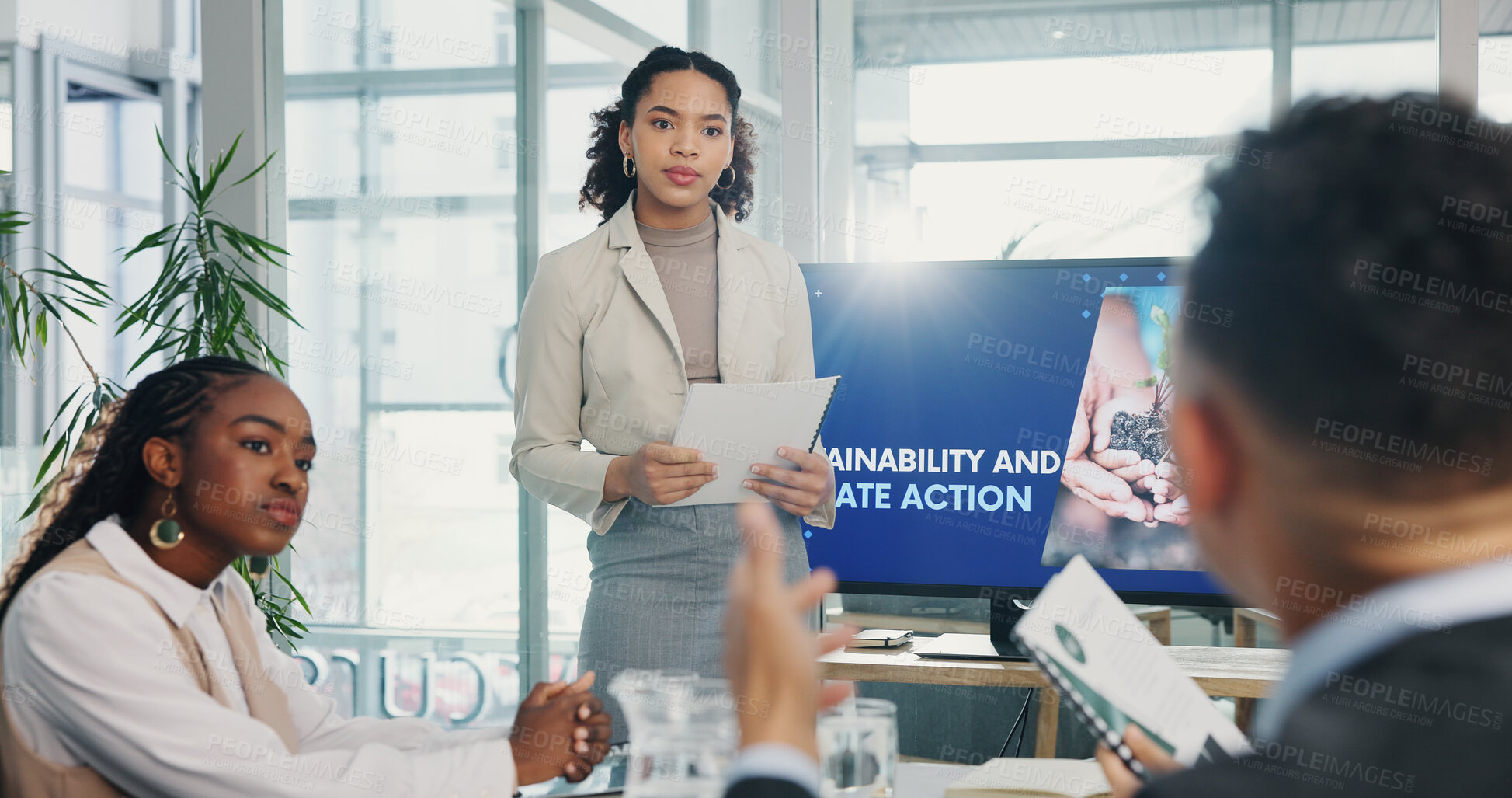 Buy stock photo Woman, presentation and sustainability at meeting by screen, listen or problem solving for global warming. Person, speaker and audience with documents, question or action for climate change at office