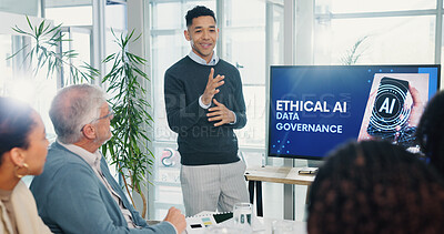 Buy stock photo Man, presentation and screen with meeting for AI ethics, smile and planning for future web development at office. Person, speaker and staff in boardroom with data governance at startup tech agency