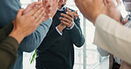 Group, business people or hands clapping for achievement, milestone or celebrate financial profit. Teamwork, closeup or applause for success, good news and well done for investment goal in office