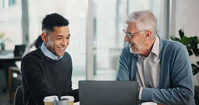 Buy stock photo Office, senior man and happy financial advisor with laptop, retirement fund or pension info in conversation. Elderly client, smile and people in meeting planning for future and income with consultant