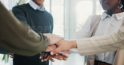 Buy stock photo Hands, stack and business people with partnership teamwork and support with company growth. Employees, cooperation and group with gesture, celebration and achievement with goals, meeting and target