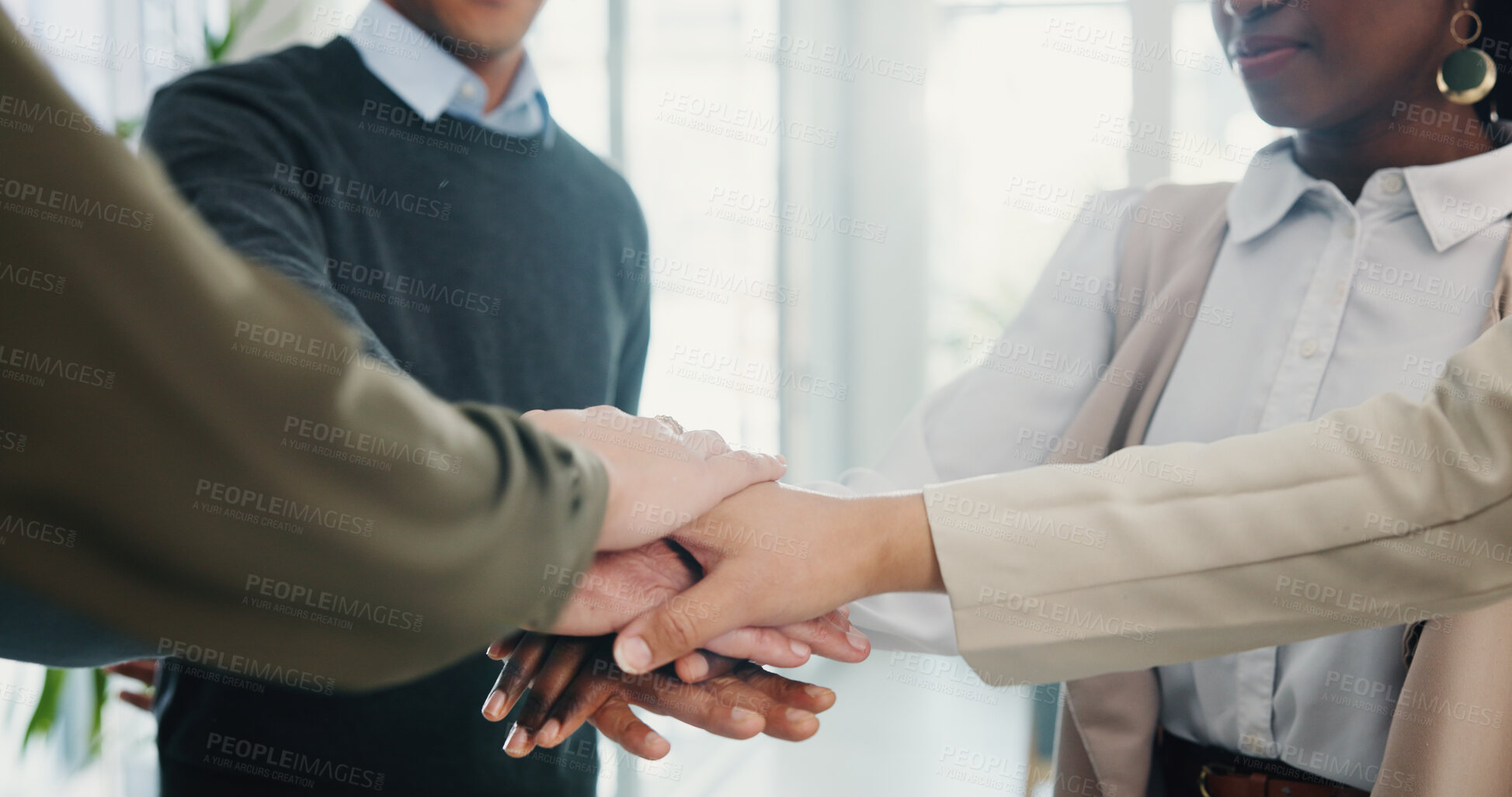 Buy stock photo Hands, stack and business people with partnership teamwork and support with company growth. Employees, cooperation and group with gesture, celebration and achievement with goals, meeting and target
