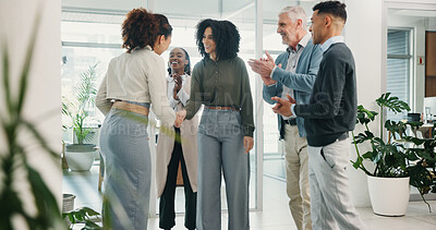 Buy stock photo Handshake, business people or clapping for achievement, milestone and financial profit. Promotion, happy woman or shaking hand in meeting for success, good news and well done for investment goals