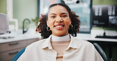 Buy stock photo Portrait, smile and woman on dentist chair for teeth care, oral wellness or dental hygiene. African patient, orthodontics and healthy tooth at appointment for stomatology or medical service in clinic