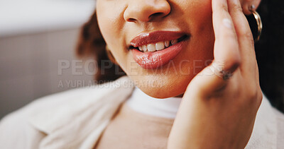 Buy stock photo Hands, person and toothache in dentist chair for oral assessment with cavity, pain and touch at clinic. Mouth, patient and dental care services for teeth, decay or extraction for wellness at hospital