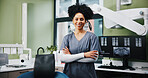 Dentist, woman and portrait with arms crossed in clinic for root canal treatment, dental implants and teeth extraction. Dentistry, professional and happy for oral hygiene, healthcare service or pride