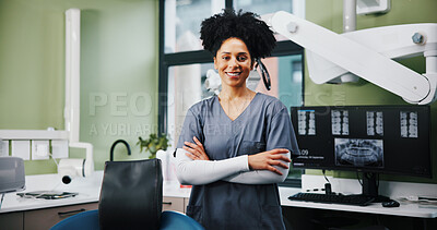 Buy stock photo Dentist, woman and portrait with arms crossed in clinic for root canal treatment, dental implants and teeth extraction. Dentistry, professional and happy for oral hygiene, healthcare service or pride