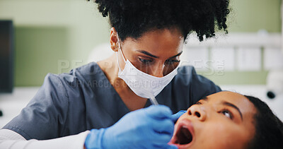 Buy stock photo Patient, dentist and tools in consultation for dental care, plaque removal and cavity inspection in mouth. Woman, orthodontist and oral examination in practice for cleaning, check gums and service