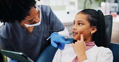Buy stock photo Healthcare, child and dentist with tablet for consultation, dental education and information in clinic. Discussion, girl patient and orthodontist with tech for teeth procedure, checkup and toothache