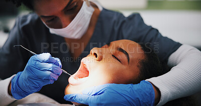 Buy stock photo Medical, mouth and dentist with patient in office for appointment, checkup or hygiene. Healthcare, dental care and medicine professional in gloves for oral consulting of person at clinic or hospital
