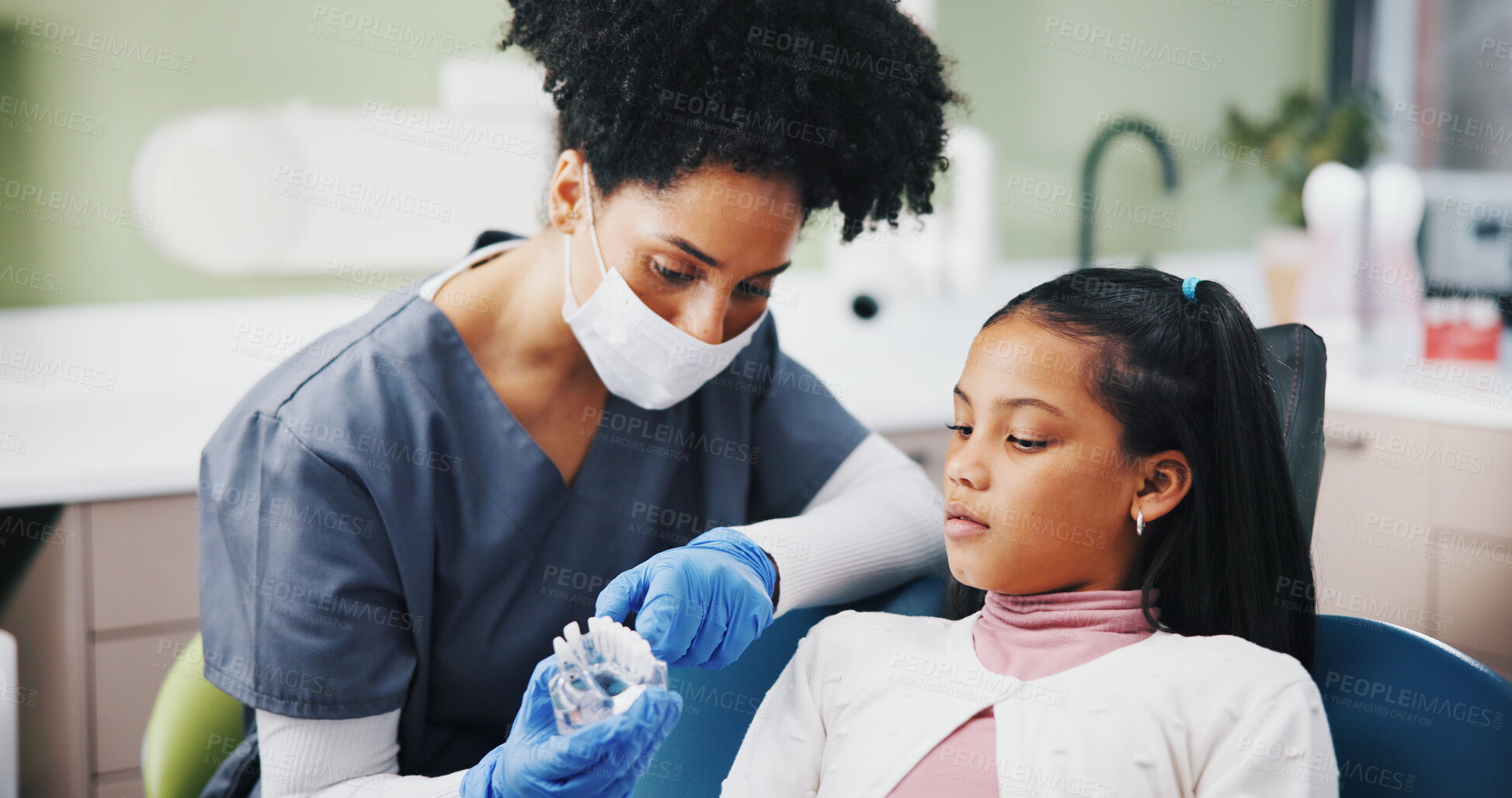 Buy stock photo Dentist, girl and mold with teaching for oral wellness, care and listening to advice at hospital. Woman, child and dental model for learning, talk and consultation for health services at clinic