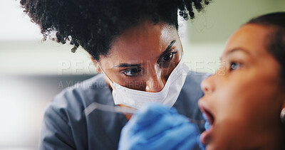 Buy stock photo Dentist, child and check mouth with mirror for cleaning, inspection and help for oral care at clinic. Woman, girl and medical tools for dental assessment, exam and services for wellness at hospital