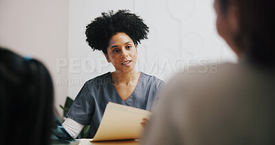 Buy stock photo Doctor, woman and talking to patient in office for medical results for advice in healthcare consultation. Clinic, person and family pediatrician with paperwork or document for diagnosis or feedback
