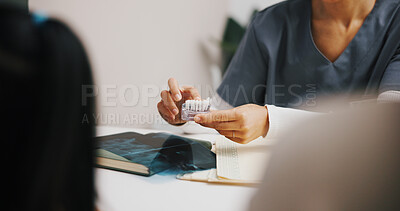 Buy stock photo Hands, dentist and model in clinic advice for oral hygiene, teeth whitening and cleaning or checkup. People, discussion and orthodontist for tooth health, cavity search or plaque removal procedure