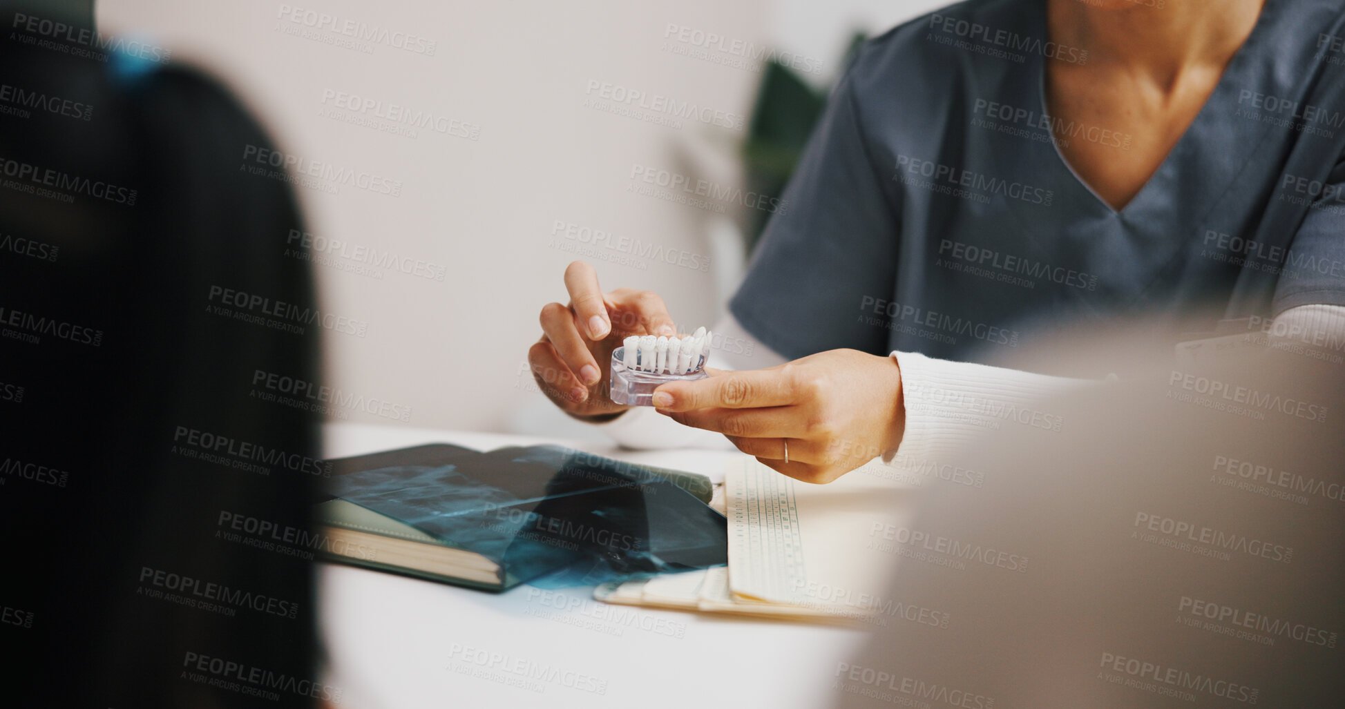 Buy stock photo Hands, dentist and model in clinic advice for oral hygiene, teeth whitening and cleaning or checkup. People, discussion and orthodontist for tooth health, cavity search or plaque removal procedure