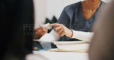 Buy stock photo Hands, dentist and explain model in clinic for oral hygiene, teeth whitening or cleaning with checkup. People, discussion and orthodontist for tooth health, cavity or plaque removal procedure advice