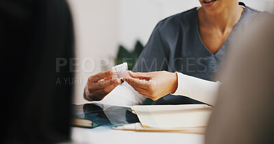 Buy stock photo Hands, dentist and model in clinic consulting for oral hygiene, teeth whitening and cleaning checkup. People, discussion or orthodontist for tooth health, cavity or plaque removal procedure.