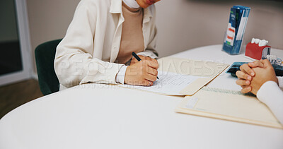 Buy stock photo Hands, medical or writing with doctor and patient in hospital for appointment, checkup or diagnosis. Healthcare, insurance or prescription with medicine professional consulting person in clinic
