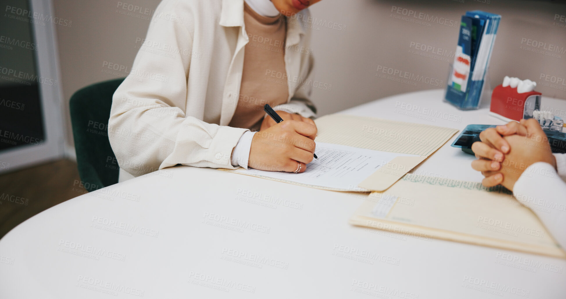 Buy stock photo Hands, medical or writing with doctor and patient in hospital for appointment, checkup or diagnosis. Healthcare, insurance or prescription with medicine professional consulting person in clinic