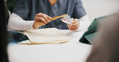 Buy stock photo Hands, dentist and model explain with brush for oral hygiene, teeth whitening and cleaning for checkup. People, discussion and orthodontist for tooth health, cavity or plaque removal demonstration