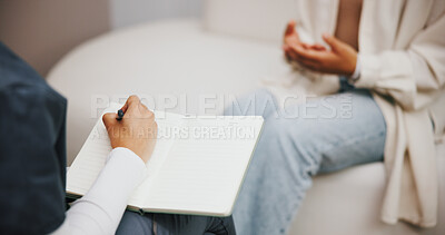 Buy stock photo Psychologist, writing and patient with anxiety, hands and help for sharing of trauma and counselling. Appointment, therapist and notes for evaluation in clinic, people and consultation for grief