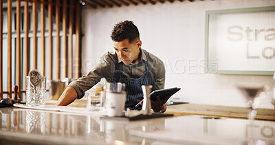 Buy stock photo Cocktail, cafe and barman with tablet for online recipe research, stock management or order. Mixology, drinks or server man on digital app for inventory checklist, menu planning and small business