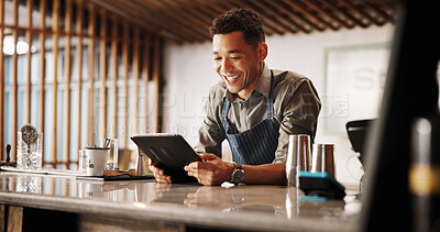 Buy stock photo Cocktail, pub and barman with tablet for online recipe research, stock management or order. Mixology, drinks or server man on digital app for inventory checklist, menu planning and small business