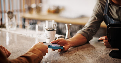 Buy stock photo Restaurant, hands and machine with credit card for payment, contactless transaction and closeup. Coffee shop, cashier and customer with terminal for debit, purchase or finance for hospitality service