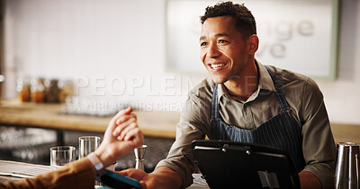 Buy stock photo Restaurant, man and machine with smart watch for payment, contactless transaction and bartender. Pub, cashier and customer hand with terminal for buying, purchase and finance for hospitality service