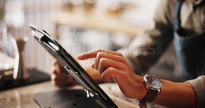 Buy stock photo Cocktail, cafe and hands of bartender with tablet for pos, stock management or online order. Mixology, drinks or bar man on digital app for inventory checklist, menu planning or small business review