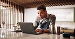 Cocktail, cafe and bartender man with laptop for recipe research, stock management or online order. Mixology, drinks or server on website for inventory checklist, menu planning and small business