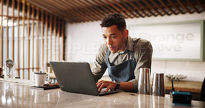Buy stock photo Cocktail, cafe and bartender man with laptop for recipe research, stock management or online order. Mixology, drinks or server on website for inventory checklist, menu planning and small business