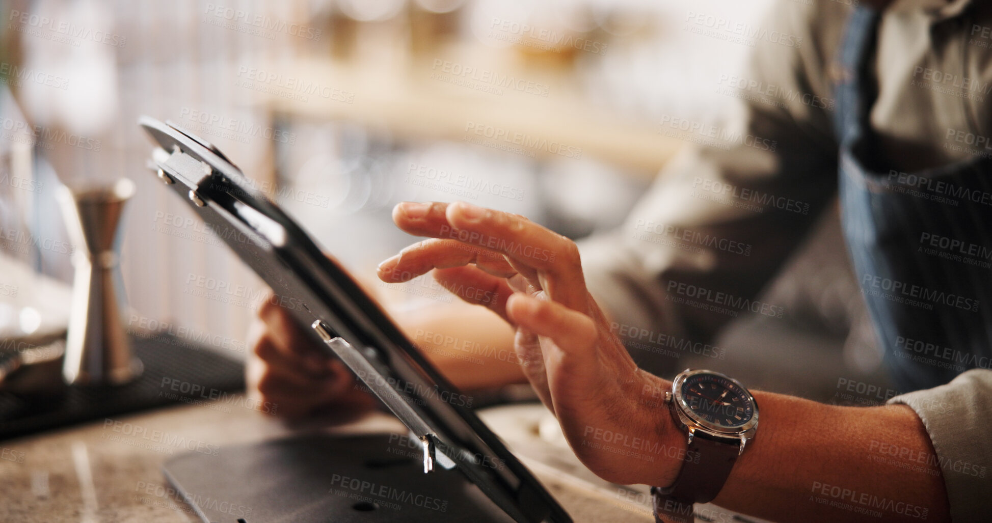 Buy stock photo Online, cafe and hands of barman with tablet for pos, stock management or cocktail order. Mixology, drinks or bartender on digital app for inventory checklist, menu planning or small business review