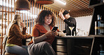 Woman, pub and waiting with smartphone at bar on internet for online dating or social media. Female person, cafe and message on app for communication, networking and connection with cocktails drinks