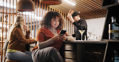 Buy stock photo Woman, pub and waiting with smartphone at bar on internet for online dating or social media. Female person, cafe and message on app for communication, networking and connection with cocktails drinks