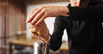 Cocktail, cafe and hands of bartender with lemon, shaker and tools for artisan beverage recipe. Mixology, small business pub and person at bar counter with happy hour drinks, juice and craft alcohol