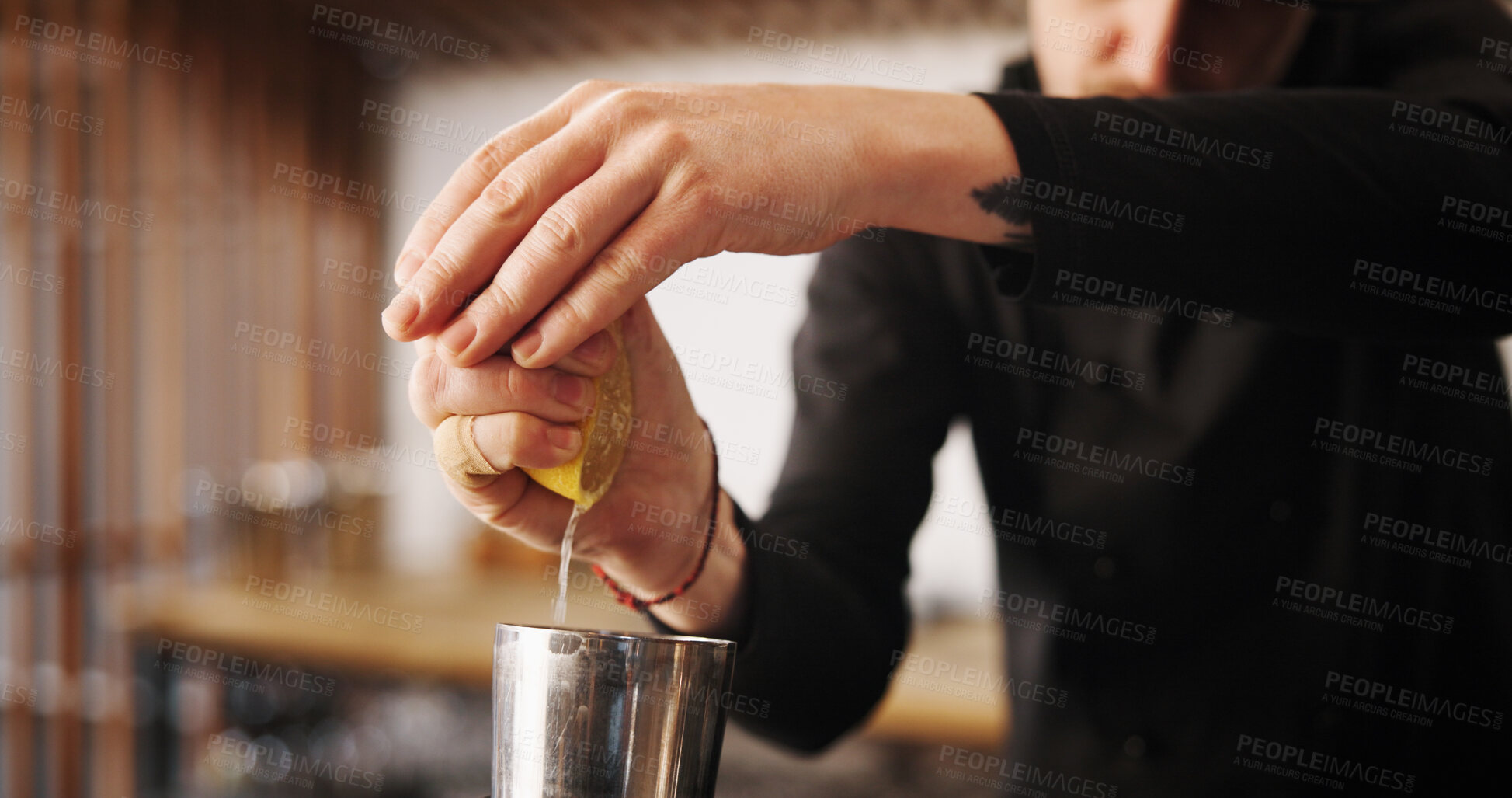 Buy stock photo Cocktail, cafe and hands of bartender with lemon, shaker and tools for artisan beverage recipe. Mixology, small business pub and person at bar counter with happy hour drinks, juice and craft alcohol