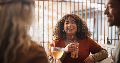 Buy stock photo Happy, cocktails and friends with drink in restaurant for social gathering, event and party. Bar, laughing and group of men and women with alcoholic beverage for holiday, celebration and weekend fun