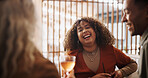 Restaurant, friends and woman with alcohol for laughing, comedy and bonding together for reunion. Pub, group and people with wine glass to drink, social gathering and happiness for catching up