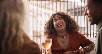 Buy stock photo Restaurant, friends and woman with alcohol for laughing, comedy and bonding together for reunion. Pub, group and people with wine glass to drink, social gathering and happiness for catching up