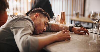 Buy stock photo Man, drunk and sleeping on bar counter for alcohol abuse, addiction or intoxication at restaurant. Male person, asleep or customer lying with drink in fatigue for alcoholism or hangover on table