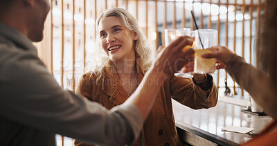 Buy stock photo Restaurant, happy and friends cheers with cocktails for social gathering, event and party. Bar, toast and group of men and women with alcoholic beverage for holiday, celebration and weekend fun
