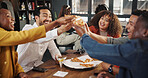 Restaurant, happy and friends cheers with pizza for social gathering, event and party. Diner, smile and group of men and women with fast food, slice and meal for birthday, celebration and weekend fun