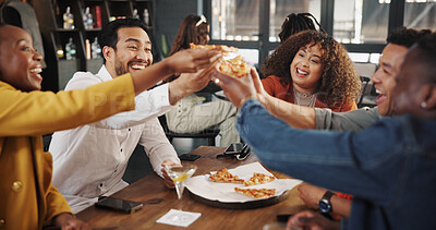 Buy stock photo Restaurant, happy and friends cheers with pizza for social gathering, event and party. Diner, smile and group of men and women with fast food, slice and meal for birthday, celebration and weekend fun