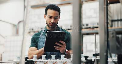 Buy stock photo Distillery, tablet and man in factory for checklist for alcohol production, manufacturing or distribution. Brewery, inspection and person on digital tech for fermentation, quality control and storage