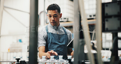 Buy stock photo Distillery, tablet and man in factory for inspection of alcohol, production and manufacturing checklist. Brewery, industrial and person on digital tech for fermentation, quality control or storage