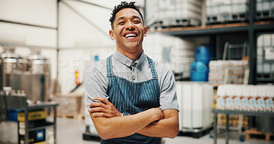 Buy stock photo Distillery, crossed arms and portrait of man in factory for alcohol production, manufacturing and distribution. Warehouse, industrial business and happy person for fermentation, bottling and aging