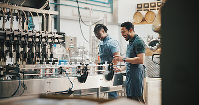 Buy stock photo Conveyor belt, people and bottling alcohol in distillery for spirits production, packaging and distribution. Assembly line, team and quality assurance by machine for beverage supply chain in factory